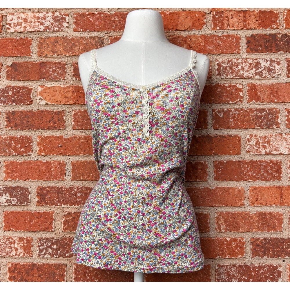 Y2K Floral Henley Cami Lace Trim 2000s Tank Top M Coquette Cottagecore Indie